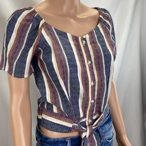 Drew Short Sleeve Button Down Striped Top Attached Tie Belt Blue/Maroon SZ S